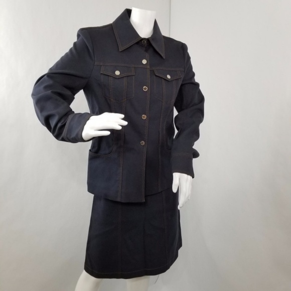 Les Copains Suit Womens Size 4/6 Blue Blazer Skirt Denim Design - Picture 2 of 6